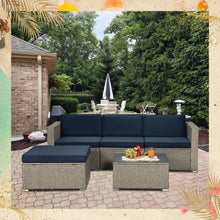 Load image into Gallery viewer, 5-Piece Gray Mix Yellow Rattan Wicker Patio Sofa Set (Navy Cushions)-0
