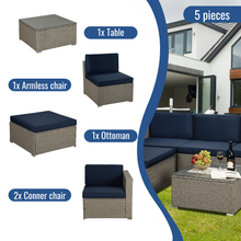 Load image into Gallery viewer, 5-Piece Gray Mix Yellow Rattan Wicker Patio Sofa Set (Navy Cushions)-3
