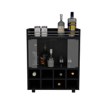 Load image into Gallery viewer, Bar Cart Philadelphia, Slot Bottle Rack, Double Glass Door Showcase and Aluminum-Edged Top, Black Wengue Finish-4
