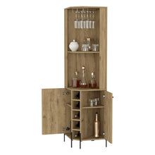 Load image into Gallery viewer, Corner Bar Cabinet Shopron, Two Shelves, Five Wine Cubbies, Aged Oak Finish-4
