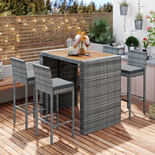 GO 5-pieces Outdoor Patio Wicker Bar Set, Bar Height Chairs With Non-Slip Feet And Fixed Rope, Removable Cushion, Acacia Wood Table Top, Brown Wood-0
