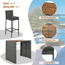 Load image into Gallery viewer, GO 5-pieces Outdoor Patio Wicker Bar Set, Bar Height Chairs With Non-Slip Feet And Fixed Rope, Removable Cushion, Acacia Wood Table Top, Brown Wood-10
