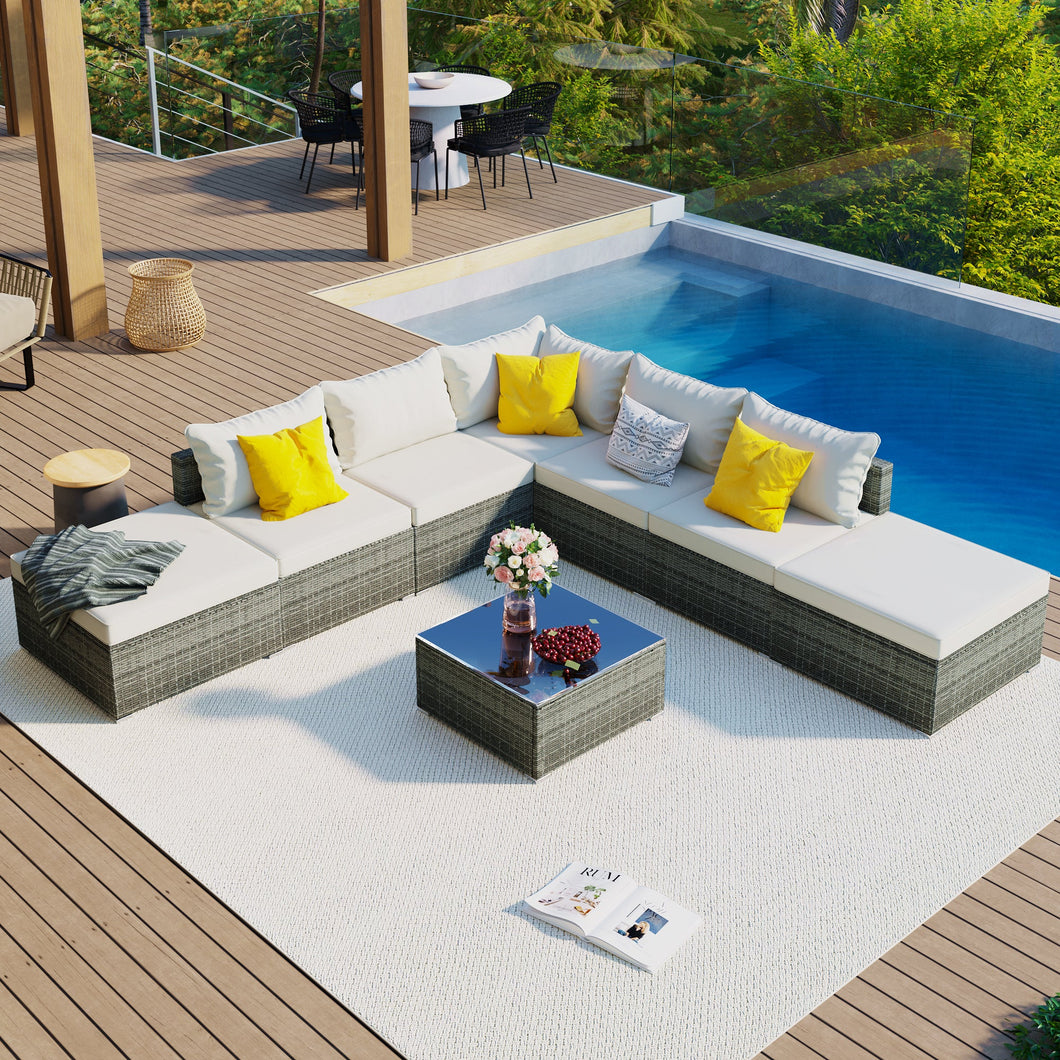 8-Pieces Outdoor Patio Furniture Sets, Garden Conversation Wicker Sofa Set, Single Sofa Combinable, Beige Cushions Gray Wicker-0