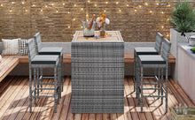 Load image into Gallery viewer, GO 5-pieces Outdoor Patio Wicker Bar Set, Bar Height Chairs With Non-Slip Feet And Fixed Rope, Removable Cushion, Acacia Wood Table Top, Brown Wood-5
