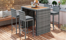 Load image into Gallery viewer, GO 5-pieces Outdoor Patio Wicker Bar Set, Bar Height Chairs With Non-Slip Feet And Fixed Rope, Removable Cushion, Acacia Wood Table Top, Brown Wood-3
