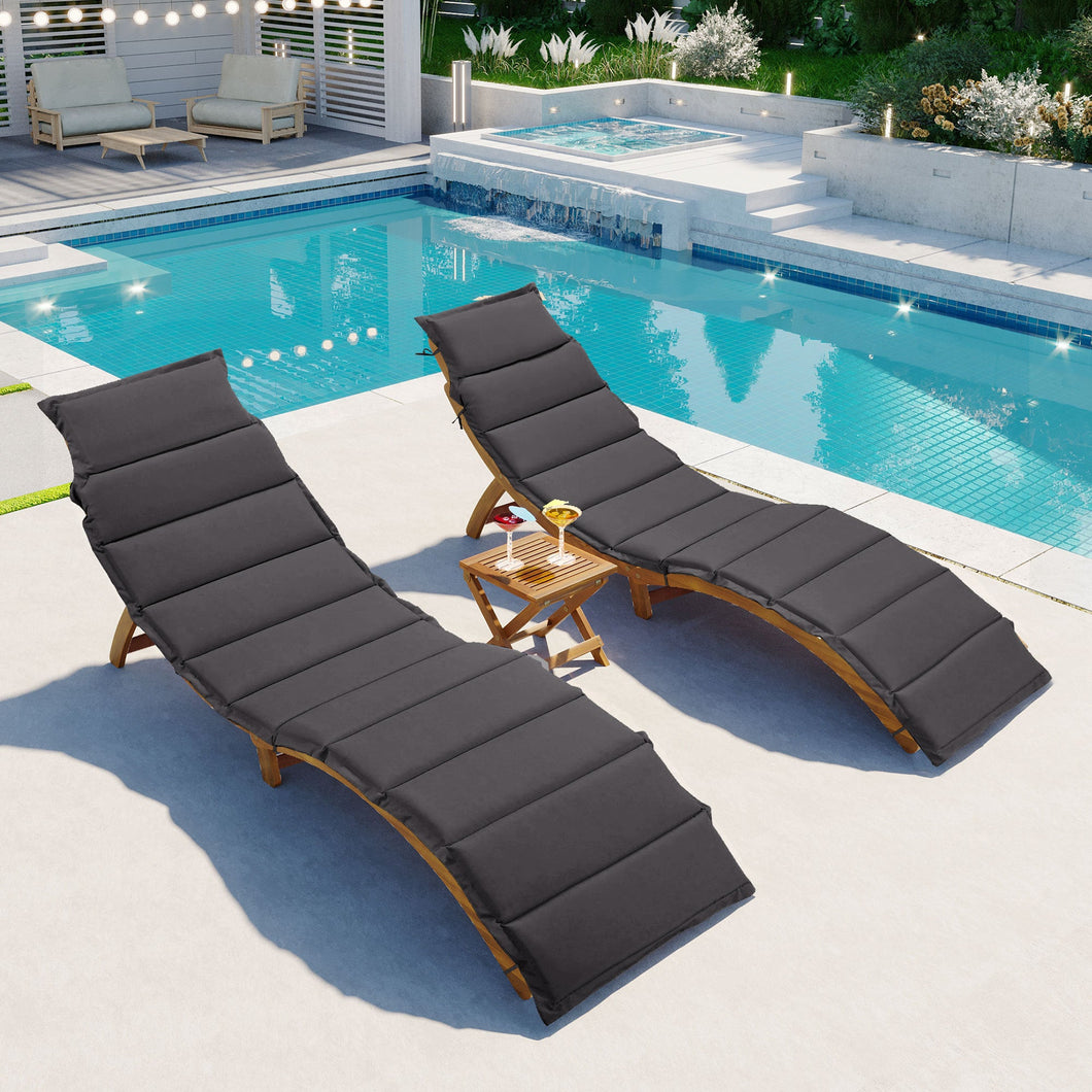 TOPMAX Outdoor Patio Wood Portable Extended Chaise Lounge Set with Foldable Tea Table for Balcony, Poolside, Garden, Brown Finish+Dark Gray Cushion-0