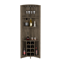 Load image into Gallery viewer, Corner Bar Cabinet  Castle, Three Shelves, Eight Wine Cubbies, Dark Brown Finish-3

