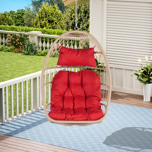 Outdoor Garden Rattan Egg Swing Chair Hanging Chair Wood+Red-0