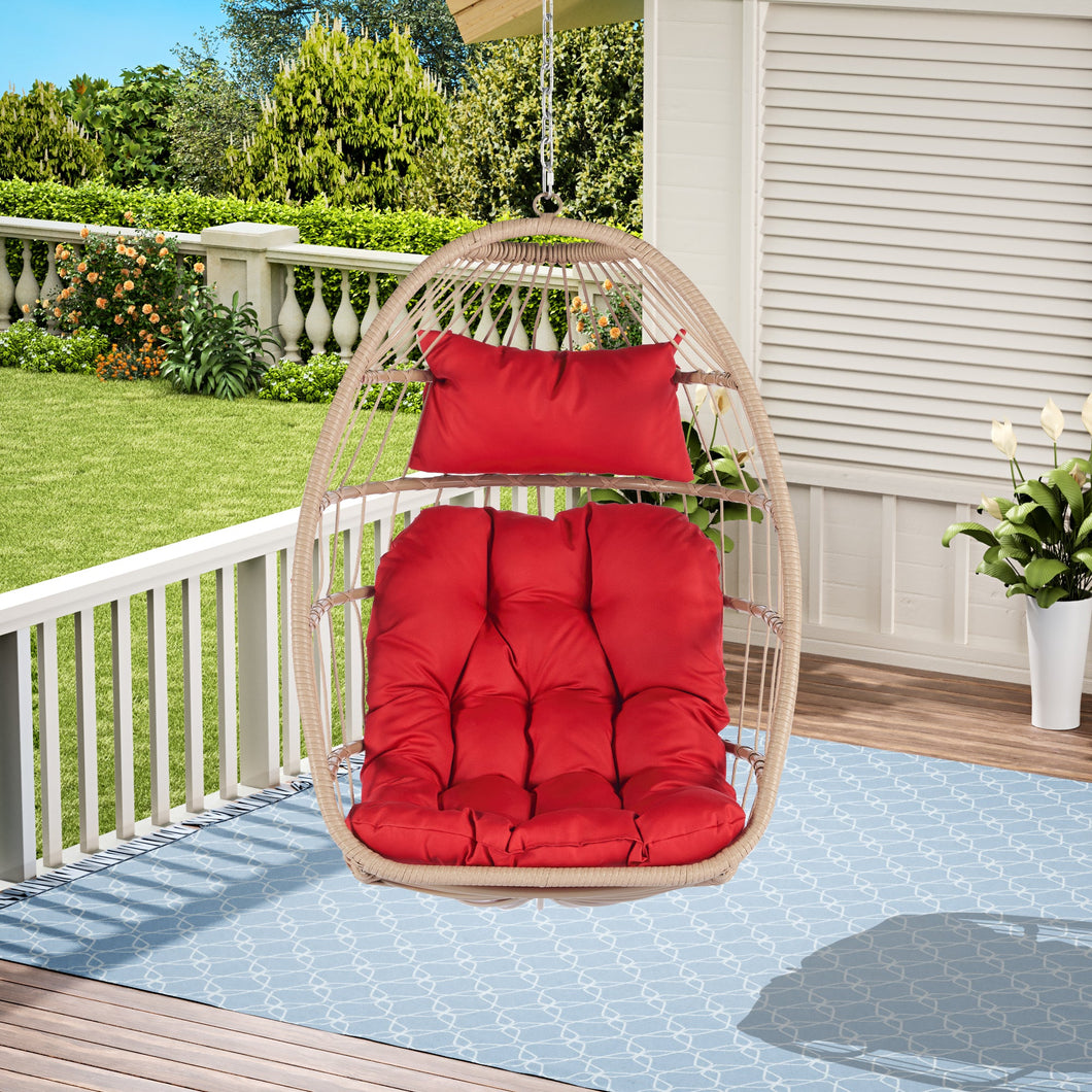 Outdoor Garden Rattan Egg Swing Chair Hanging Chair Wood+Red-0