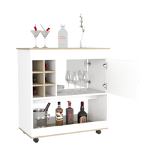 Load image into Gallery viewer, Bar Cart Aloha, Lower Panel, Six Bottle Cubbies, One Cabinet, Light Oak / White Finish-4
