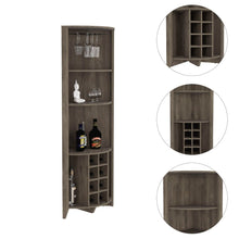 Load image into Gallery viewer, Corner Bar Cabinet  Castle, Three Shelves, Eight Wine Cubbies, Dark Brown Finish-1
