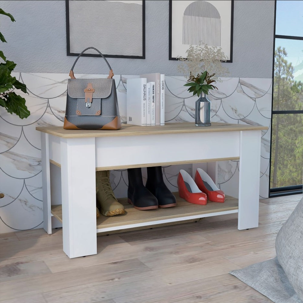 Storage Table Polgon, Extendable Table Shelf, Lower Shelf, Light Oak / White Finish-0