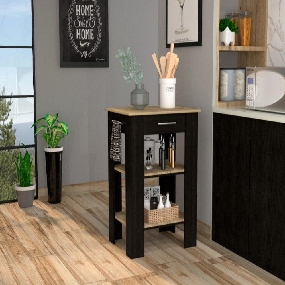 Kitchen Island 23 Inches Dozza with Single Drawer and Two-Tier Shelves, Black Wengue / Light Oak Finish-0