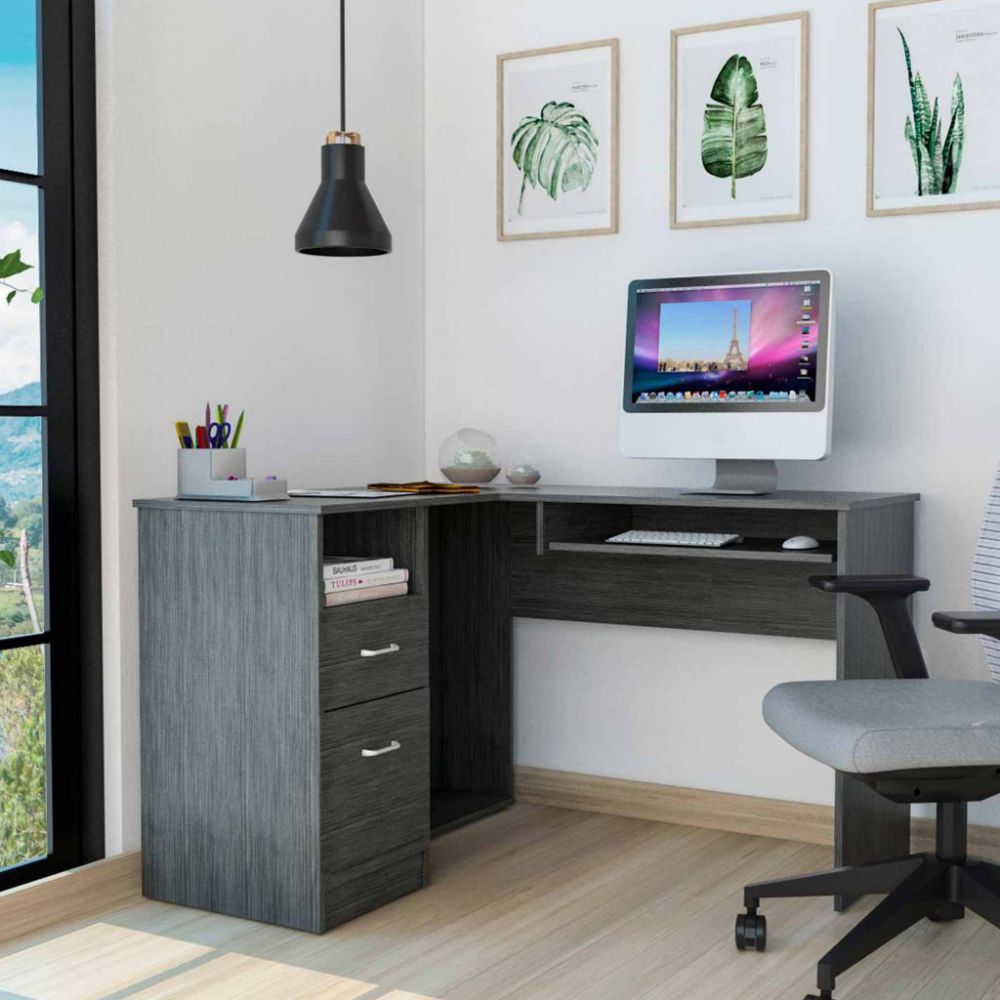 L-Shaped Desk Bradford, Keyboard Shelf, Smokey Oak Finish-0