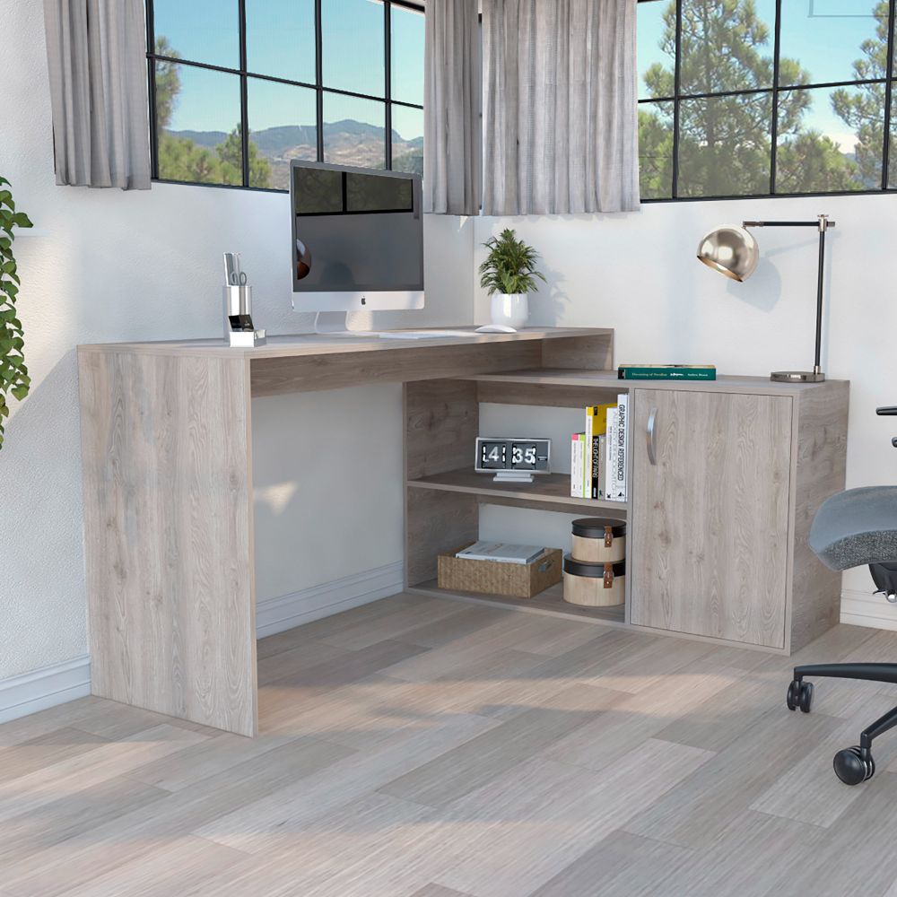 L-Shaped Desk Desti, Single Door Cabinet, Light Gray Finish-0