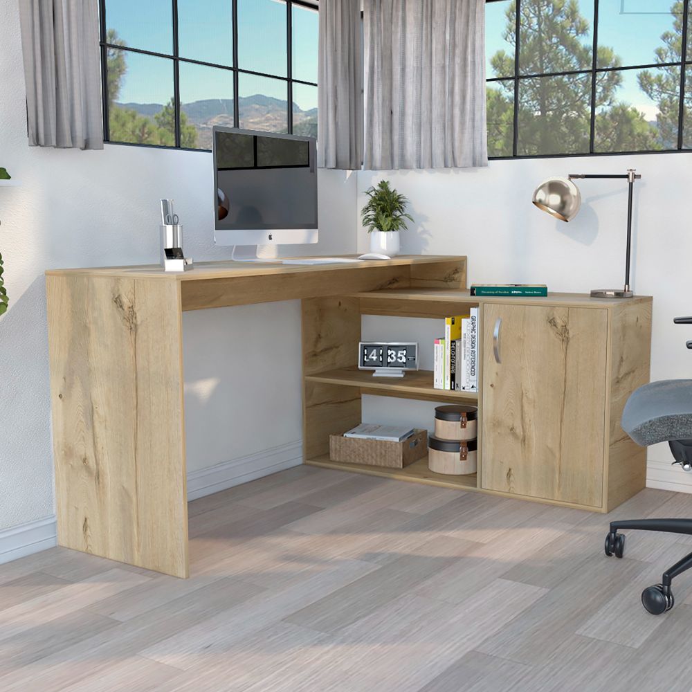 L-Shaped Desk Desti, Single Door Cabinet, Light Oak Finish-0
