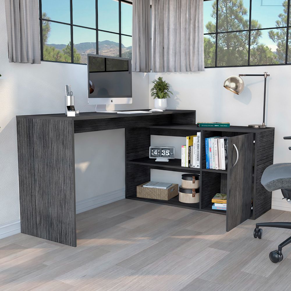 L-Shaped Desk Desti, Single Door Cabinet, Smokey Oak Finish-0
