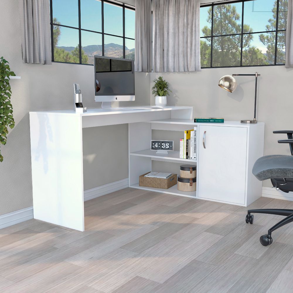 L-Shaped Desk Desti, Single Door Cabinet, White Finish-0