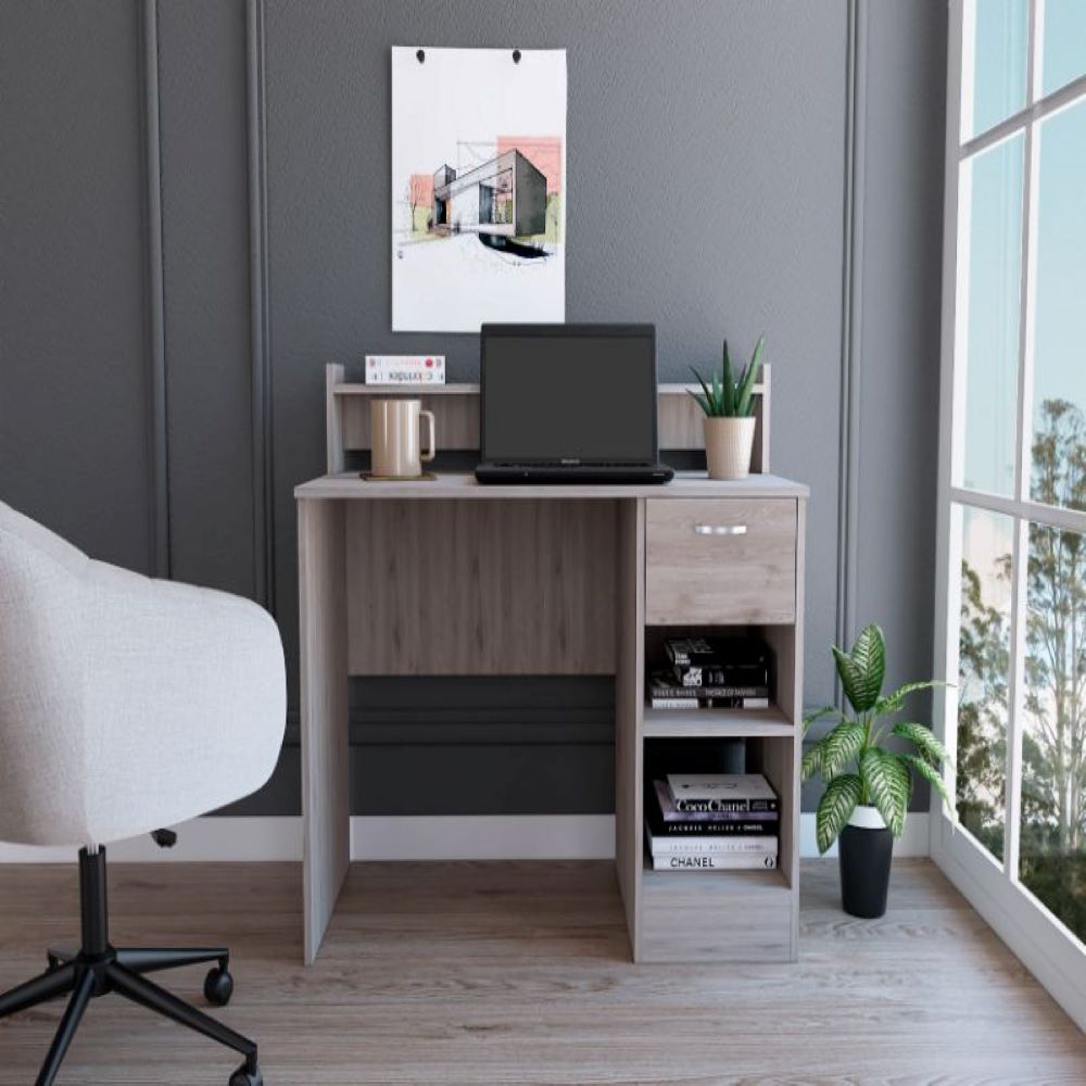 Computer Desk Delmar with Open Storage Shelves and Single Drawer, Light Gray Finish-0