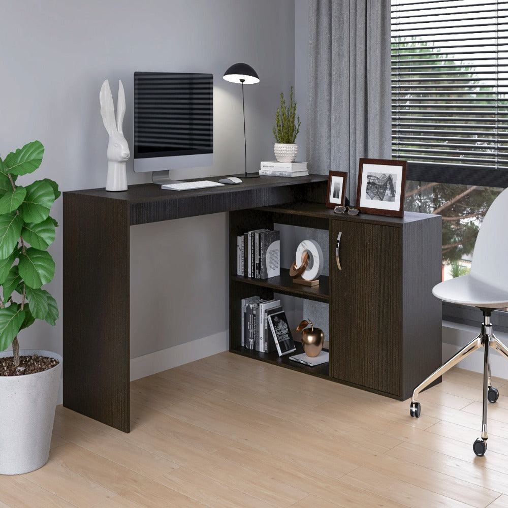 L-Shaped Desk Desti, Single Door Cabinet, Black Wengue Finish-0