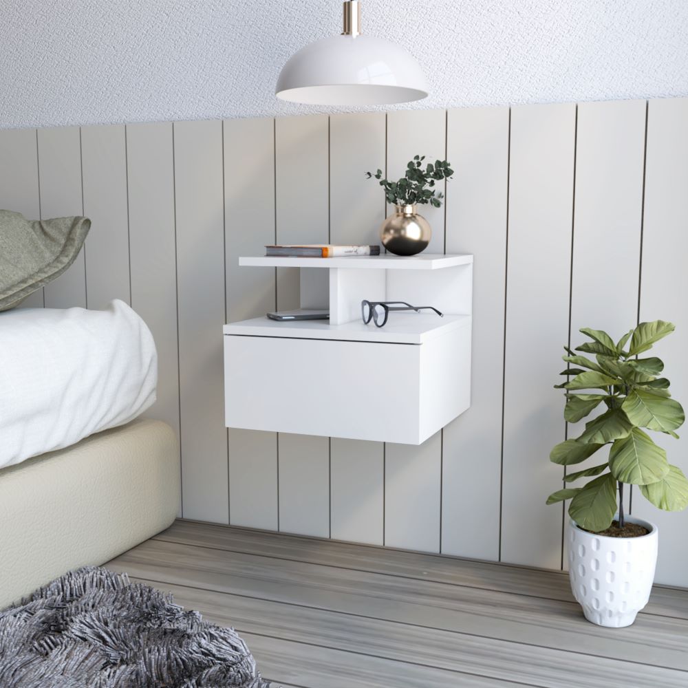 Floating Nightstand Flopini, One Drawer, White Finish-0