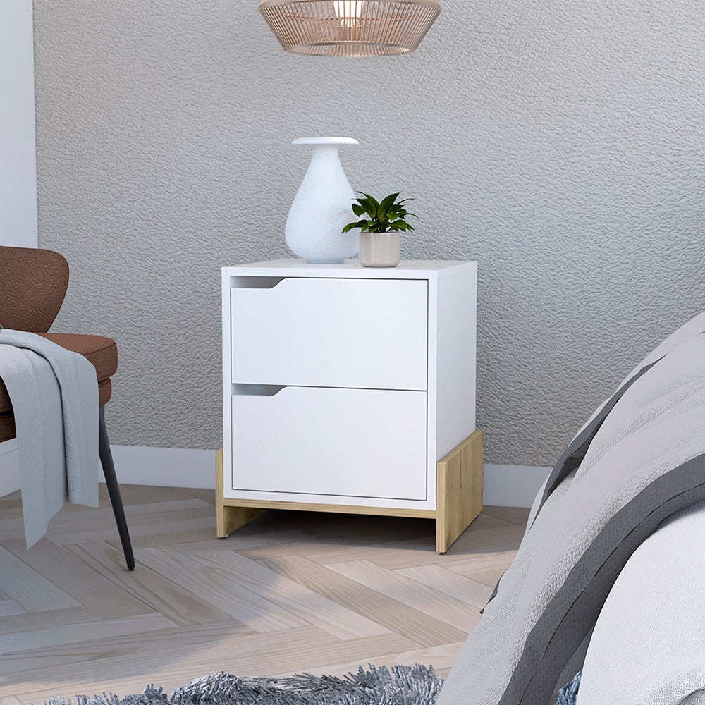 Nightstand Brookland, Bedside Table with Double Drawers and Sturdy Base, White / Macadamia Finish-0