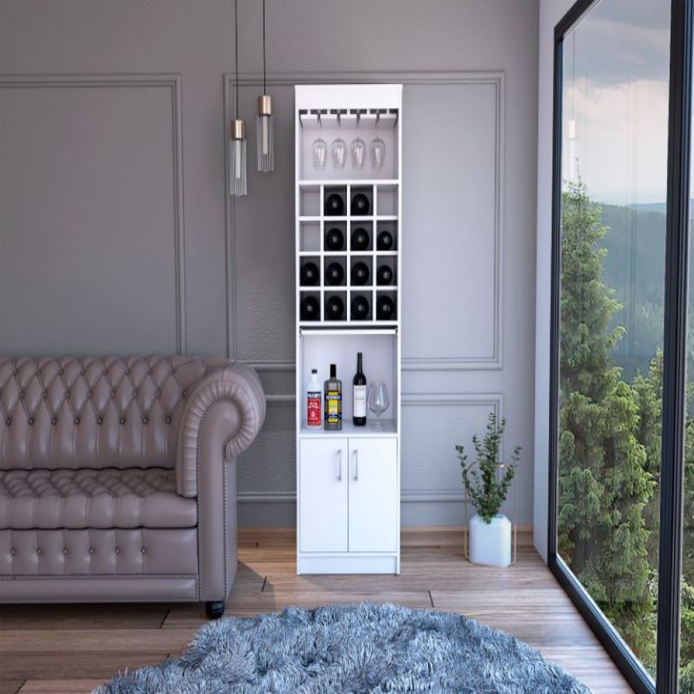 Bar Cabinet Modoc, One Extendable Shelf, Sixteen Wine Cubbies, One Shelf, White Finish-0