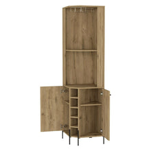 Load image into Gallery viewer, Corner Bar Cabinet Shopron, Two Shelves, Five Wine Cubbies, Aged Oak Finish-5
