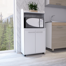 Load image into Gallery viewer, Kitchen Cart Totti, Double Door Cabinet, One Open Shelf, Two Interior Shelves, White Finish-0
