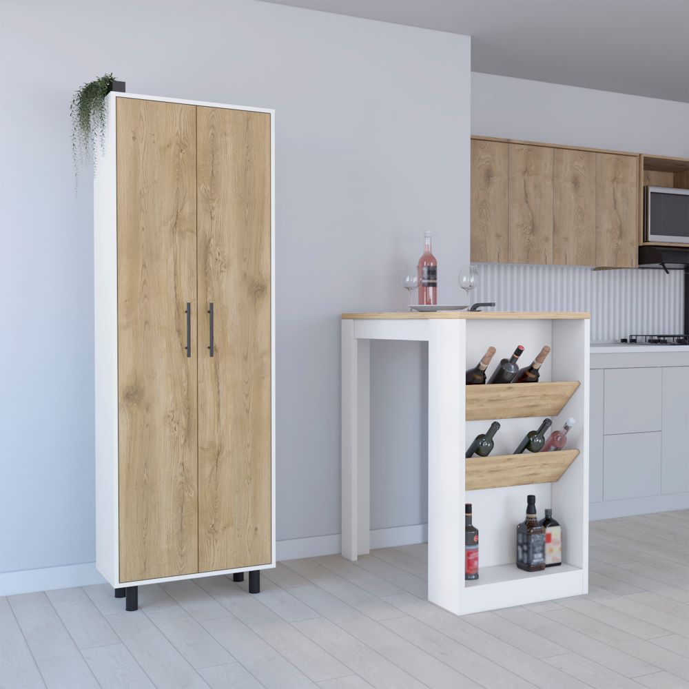 Reston 2 Piece Kitchen Set, Kitchen Island + Pantry Cabinet, White / Light Oak Finish-0