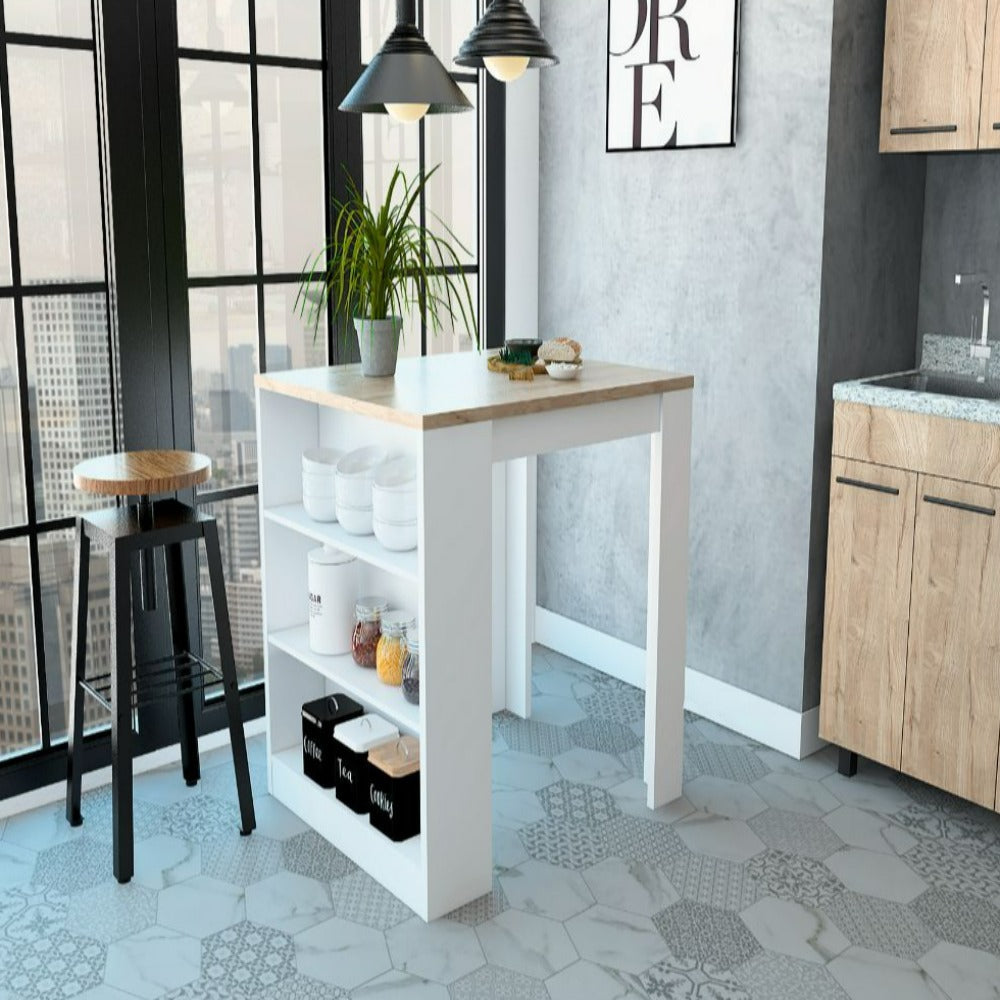 Kitchen Counter Dining Table Toledo,Three Side Shelves, White / Light Oak Finish-0