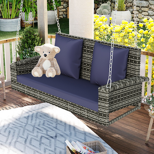 GO 2-Person Wicker Hanging Porch Swing with Chains, Cushion, Pillow, Rattan Swing Bench for Garden, Backyard, Pond. (Gray Wicker, Blue Cushion)-0